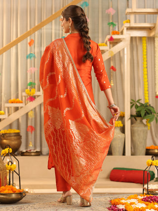 Orange Ethnic Motif Print Rayon Straight Kurta Set With Pant Pocket