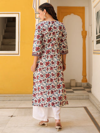 Women Floral Printed Mirror Work Kurta