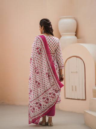 Women Pink Floral Printed Pure Cotton A-line Kurta With Solid Trouser And With Printed Dupatta