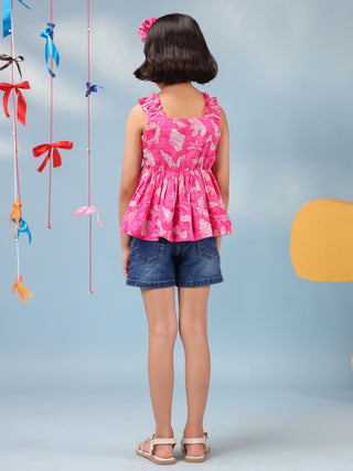 Girls Floral Printed Pure Cotton Peplum Crop Top