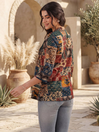 Print Mandarin Collar Ethnic Cotton Top
