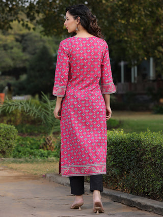 Women Fuchisia Ethnic Motifs Printed Pure Cotton Straight Kurta