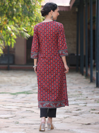 Women Maroon Ethnic Motifs Printed Pure Cotton Straight Kurta