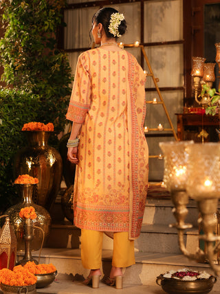Yellow Panel Print Chanderi Straight Kurta Set With Pant Pocket