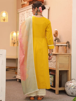 Mustard Solid Lace 3-Piece Kurta Set