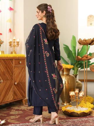 Blue Embroidered Poly Silk Straight Kurta Set