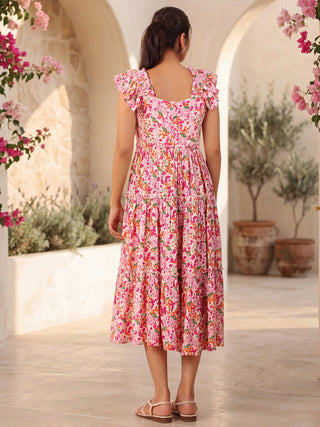 Pink Floral Printed Fit-and-Flare Short Sleeves Dress