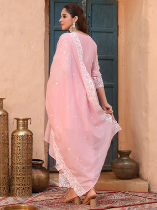 Pink Floral Embroidered Lace 3-Piece Straight Kurta Set