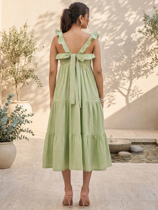 Mint Green Solid Cotton Tiered Dress with Pocket