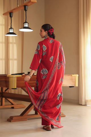 Women Ethnic Motifs Printed Regular Thread Work Pure Cotton Kurta with Trousers & With Dupatta