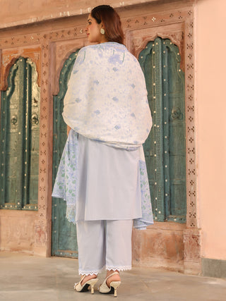 Blue Floral Embroidered Lace 3-Piece Straight Kurta Set