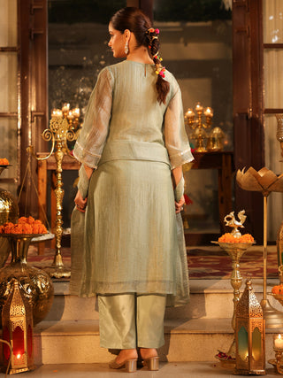 Dusty Blue Sequin Tissue A-Line Kurta Set with Pocket