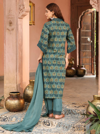 Teal Floral Print 3-Piece Straight Kurta Set