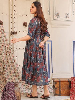 Printed V-Neck Fit and Flare Ethnic Dresses