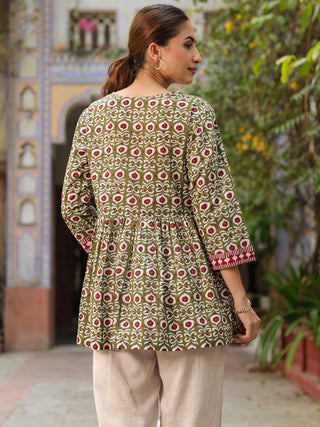 Green Ethnic Motif Print Peplum Top