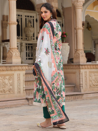 Women Floral Printed Cotton Anarkali Kurta with Trousers & Dupatta