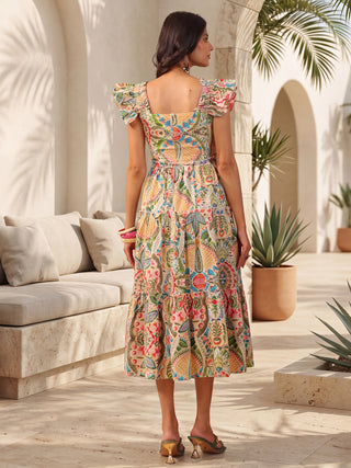 Multicolor Printed Cotton Fit-and-Flare Sleeveless Dress