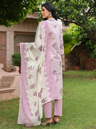 Purple Floral Print 3-Piece Straight Kurta Set