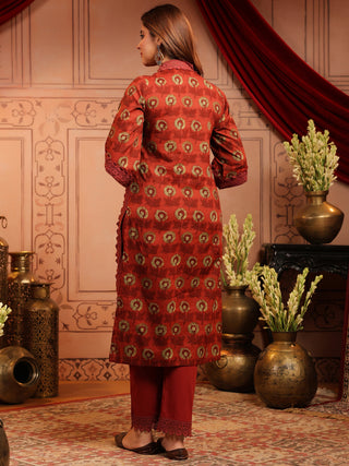 Rust Floral Print 3-Piece Straight Kurta Set