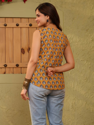 Mustard Printed Cotton Sleeveless Top with V-Neck
