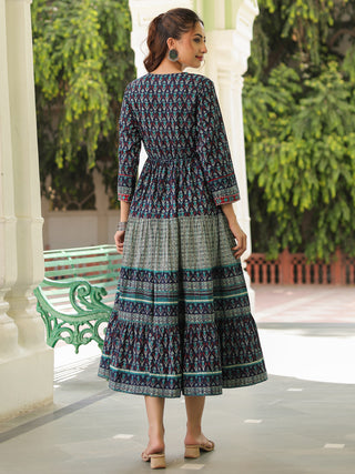 Printed Round Neck Pure Cotton Ethnic Dresses