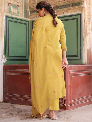 Floral Embroidered Mirror Work Pure Cotton Kurta With Trouser & Dupatta