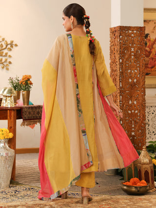 Yellow Beaded Chanderi Anarkali Kurta Set with Pocket