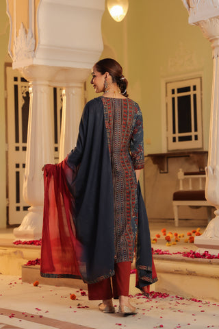 Blue Floral Print Embroidered 3-Piece Kurta Set