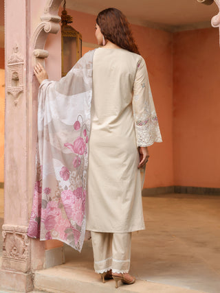 Beige Floral Embroidered 3-Piece Straight Kurta Set