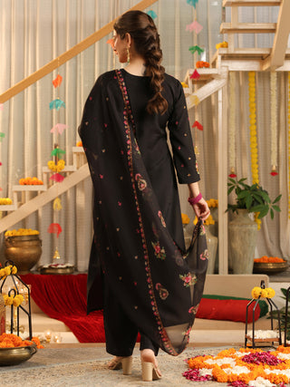 Black Embroidered Poly Silk Straight Kurta Set