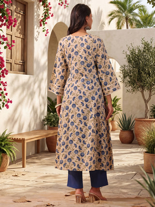 Beige Ethnic Motif Print Lace 3-Piece Kurta Set