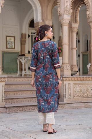 Women Floral Printed Thread Work Kurta