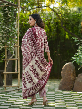 Women Maroon Ikat Printed Pure Cotton Straight Kurta With Printed Trouser And Printed Dupatta