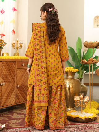 Mustard Yellow Floral Print Cotton Straight Kurta Set