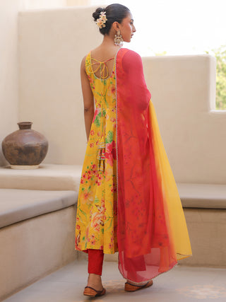 Yellow Floral Print Flared Anarkali Kurta Set
