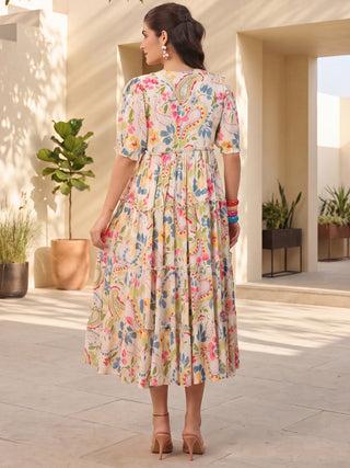 White Paisley Print Rayon Crepe Tiered Dress