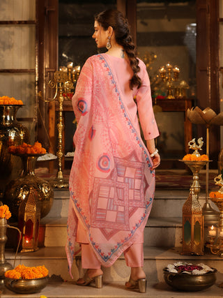 Light Pink Embroidered Chanderi Straight Kurta Set With Pant Pocket
