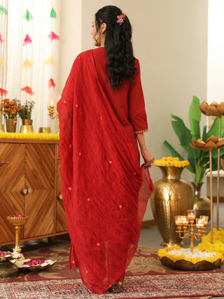 Deep Red Floral Embroidered Cotton Straight Kurta Set