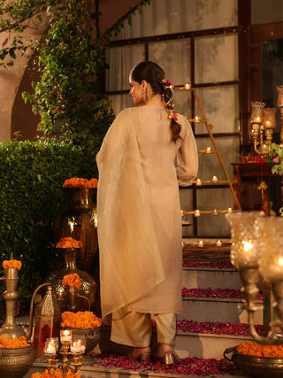Beige Golden Sequin Tissue A-Line Kurta Set with Pocket