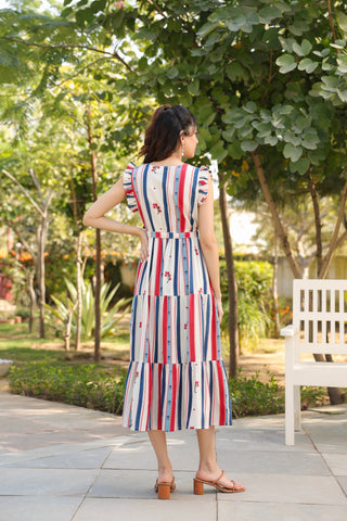 Beige Striped Fit & Flare Dress