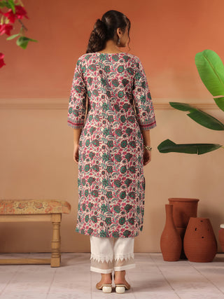 Green Floral Print Cotton Straight Kurta