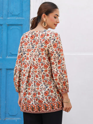 Orange Ethnic Motif Print Lace Top