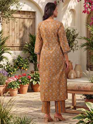 Mustard Printed Embroidered 3-Piece Kurta Set