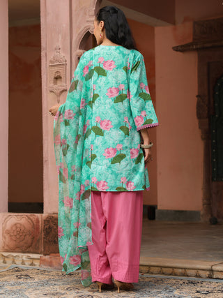 Mint Green Floral Print Straight 3-Piece Kurta Set