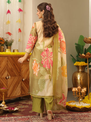 Cream Floral Straight Kurta Set with Pant Pocket