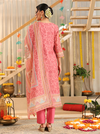 Pink Panel Print Straight Kurta Set with Pant Pocket