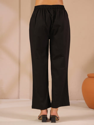Black Solid Cotton Trousers with Pockets