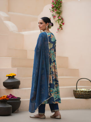 Women Blue Floral Printed Round Neck Empire Line Embroidered Kurta With Trouser And Dupatta