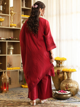 Maroon Lace Chanderi A-Line Kurta Set with Pocket