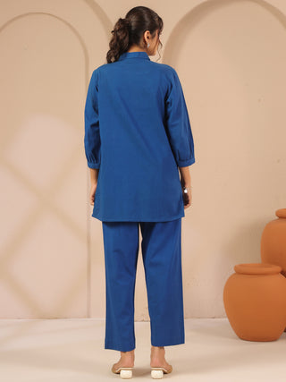 Blue cotton solid shirt style tunic cord set with matching tousers